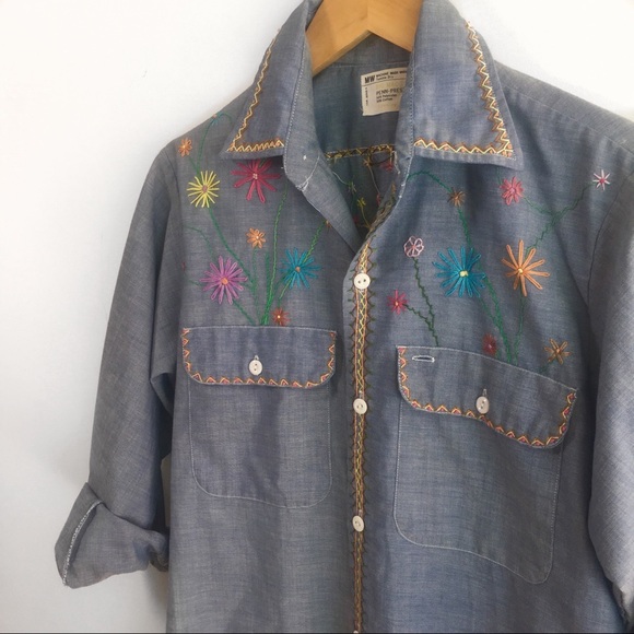 Vintage 1970/'s Denim Embroidered Shirt